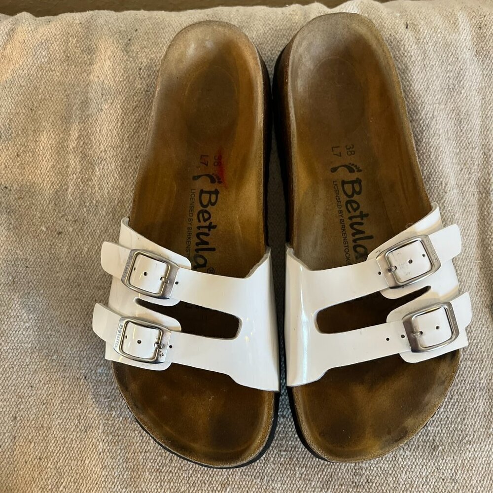 Birkenstock White Double-Buckle Patent Slide Sandals